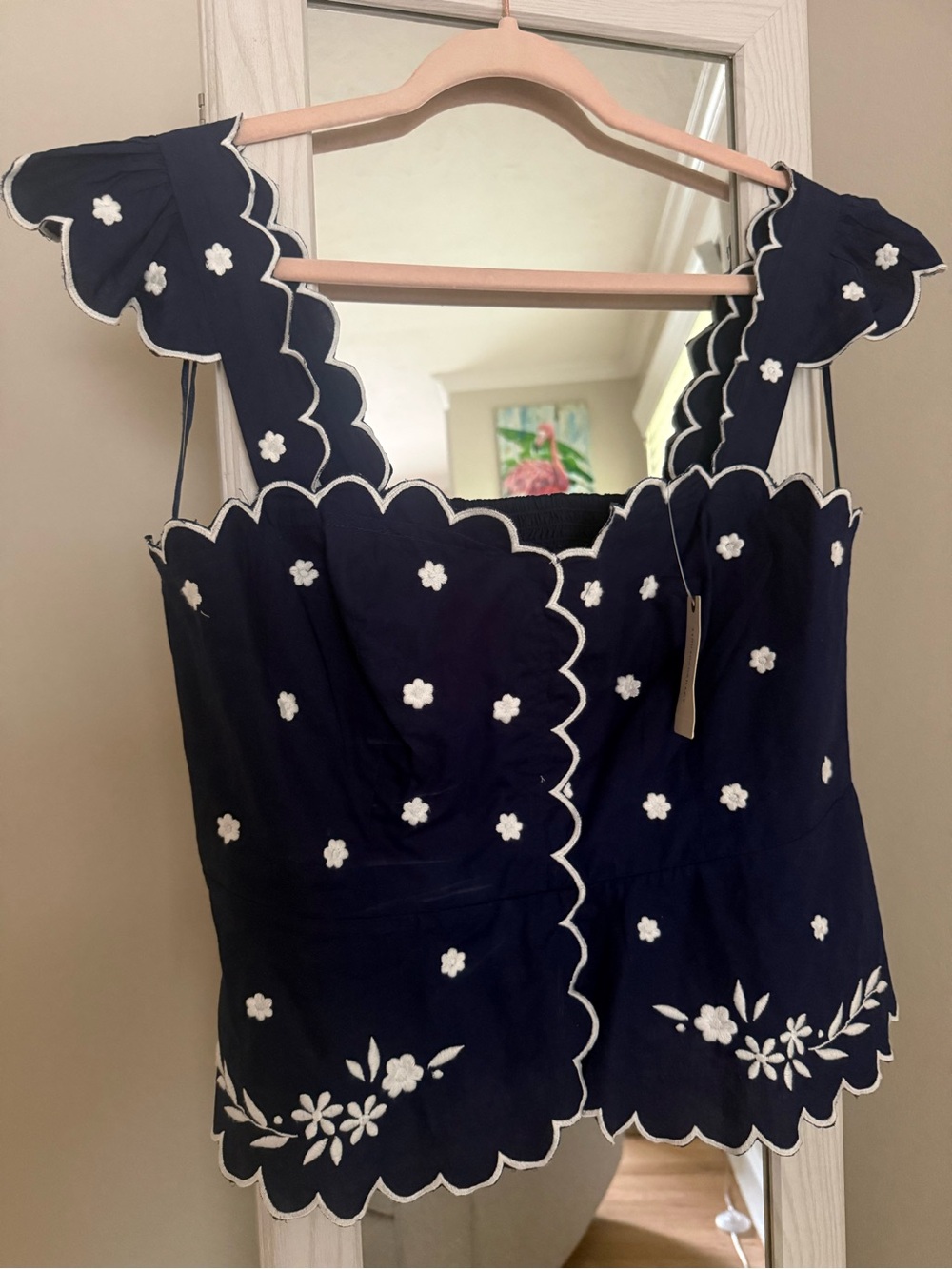 Anthropologie Maeve Navy Scallop Edge Floral Embroidered Top. Brand new with tag